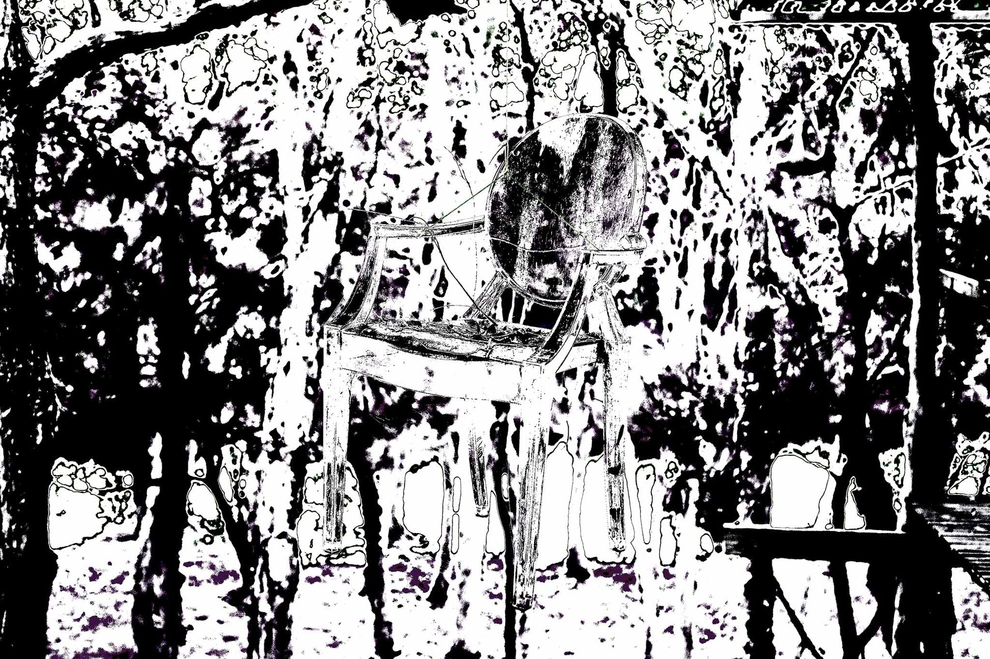 Monochrome Mix - Woolgoolga - Ghost Chair - 205114v17 - 90x60cm, Black and white stylised image of a vintage armchair suspended in a dense forest, with high-contrast tree forms and eerie negative-space detailing.