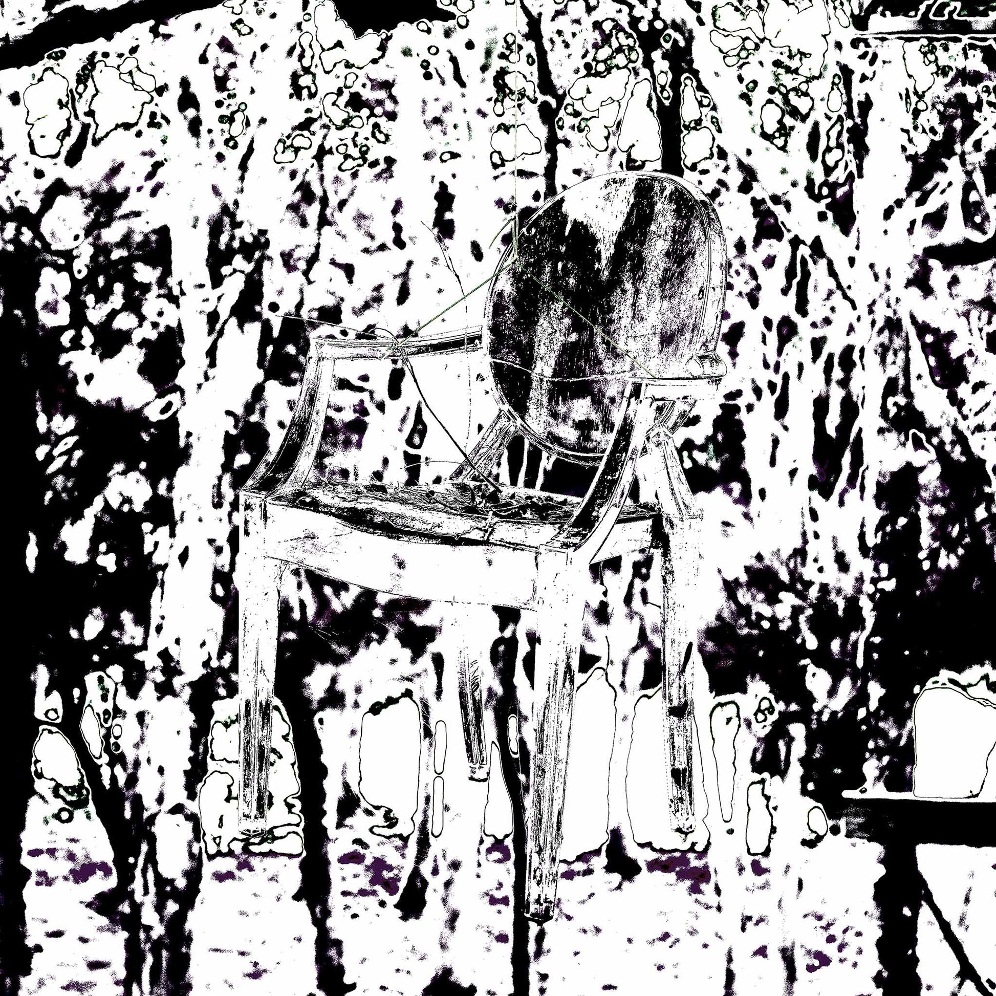 Monochrome Mix - Woolgoolga - Ghost Chair - 205114v17 - Close Detail View, Black and white stylised image of a vintage armchair suspended in a dense forest, with high-contrast tree forms and eerie negative-space detailing.