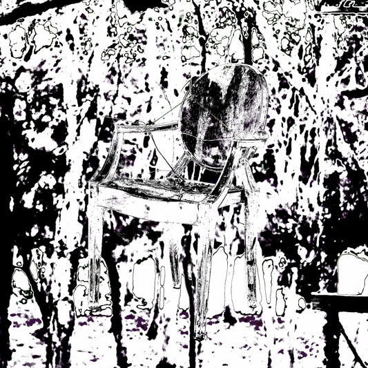 Monochrome Mix - Woolgoolga - Ghost Chair - 205114v17 - Close Detail View, Black and white stylised image of a vintage armchair suspended in a dense forest, with high-contrast tree forms and eerie negative-space detailing.
