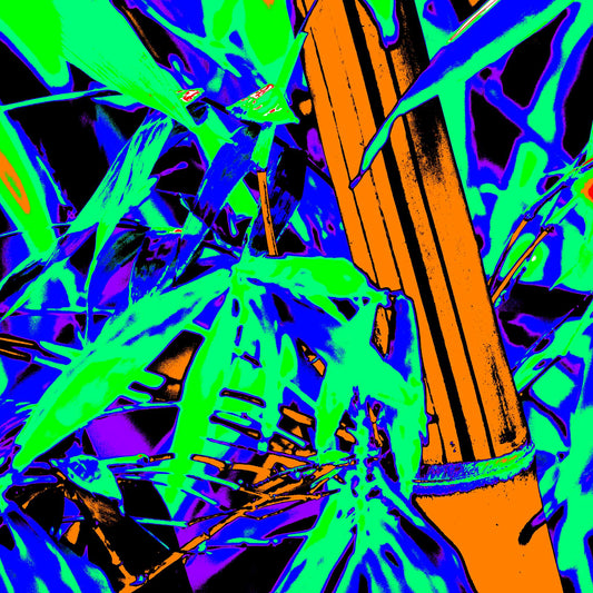 Pop Art Flowers - Bamboo No.369O4830v12 - Close Detail View, a vivid pop art style image featuring a bright orange bamboo stalk surrounded by neon green, deep violet, and electric blue tropical foliage. The high saturation colours and bold contrast create a lively and surreal jungle composition.