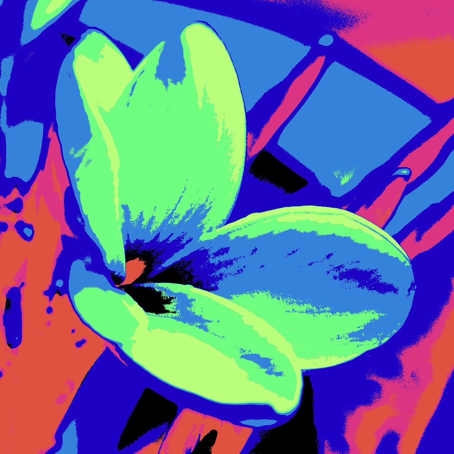 Xtra POP Set - Frangipani - 207015v213 - 90x90cm, Frangipani flower in vibrant green, blue, and coral tones with bold graphic styling and saturated Pop Art colour treatment.