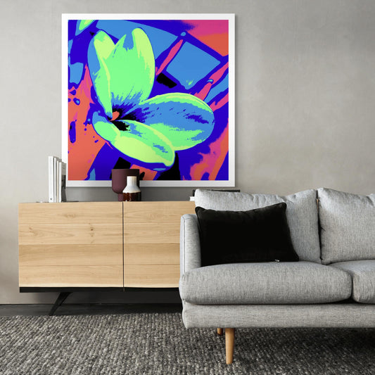 Xtra POP Set - Frangipani - 207015v213 - Room View, Frangipani flower in vibrant green, blue, and coral tones with bold graphic styling and saturated Pop Art colour treatment.