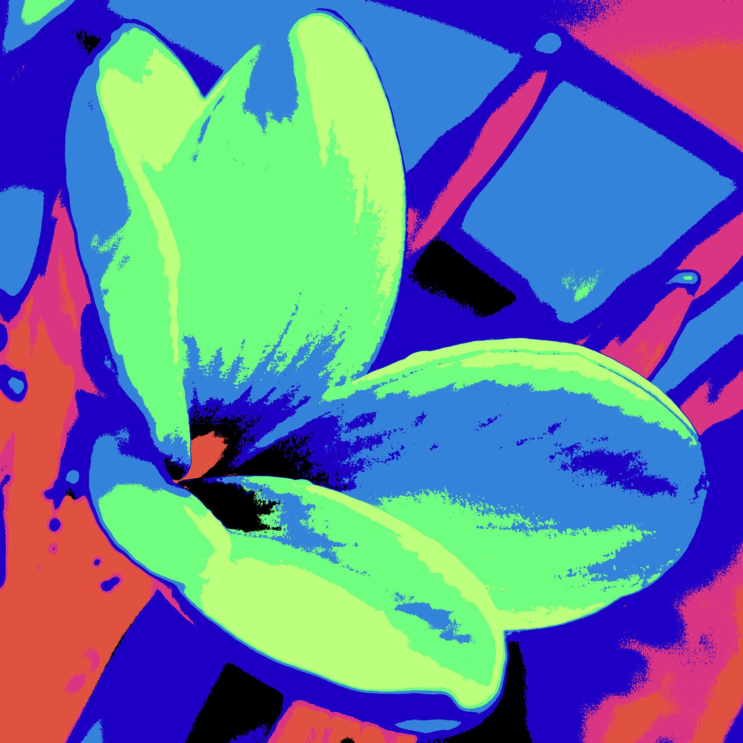 Xtra POP Set  - Frangipani - 207015v213 - Close Detail View, Frangipani flower in vibrant green, blue, and coral tones with bold graphic styling and saturated Pop Art colour treatment.