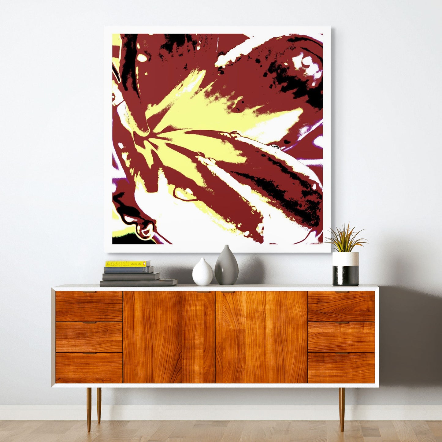 Pop Art Flowers - Frangipani - 207015v307 - Room View, Stylised frangipani in earthy ochre, maroon, and cream tones with bold graphic contrasts on white border.