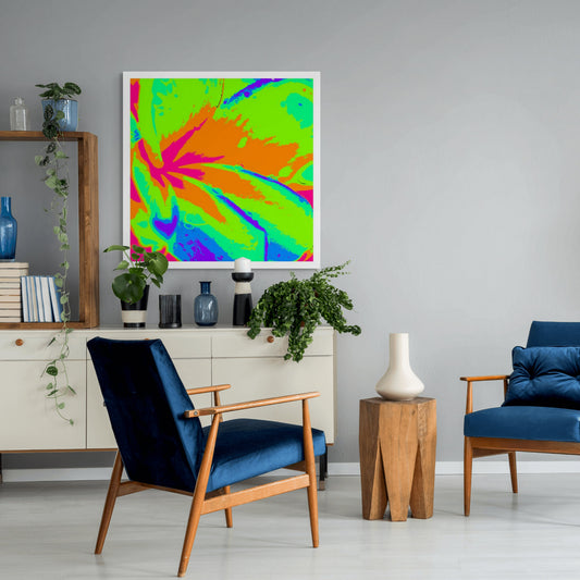 Xtra POP Set - Frangipani - 207015v413 - Room View, Frangipani flower in fluorescent green, pink, orange, and blue tones with vivid Pop Art stylisation and high-impact colour.