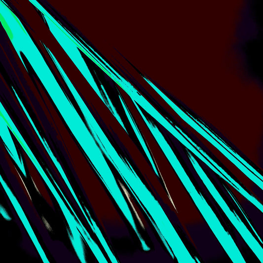 Pop Art Flowers - Palm Frond 0151v58 - Close Detail View, a graphic pop art image of long, diagonal turquoise palm fronds set against a deep maroon and black background. The stylised composition creates a striking pattern of linear foliage and contrast.