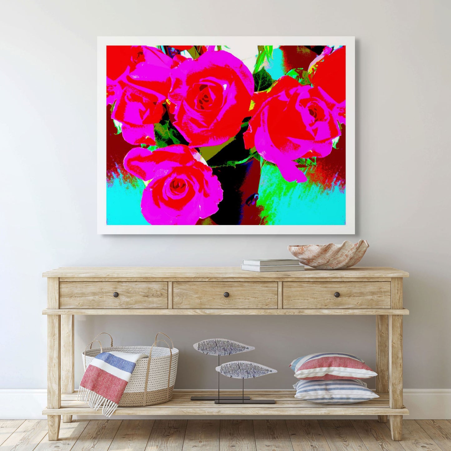 Pop Art Flowers - Roses - Vase - 153339v64 - Room View, A vivid pop art image of red and pink roses in a vase, digitally enhanced with bold, saturated colours including turquoise, lime green, and magenta. Electrifying floral artwork. Limited edition fine art print.