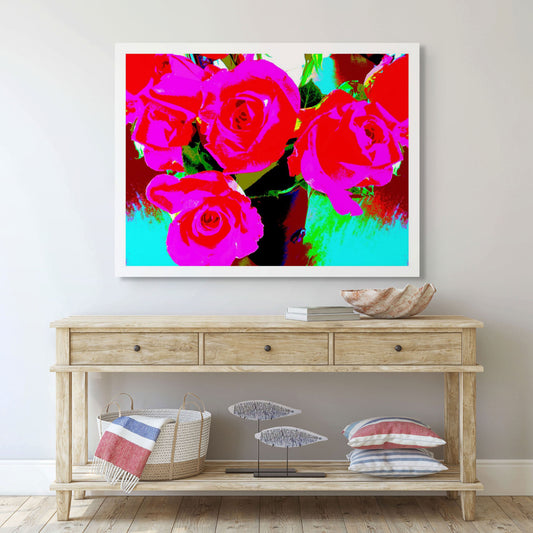 Pop Art Flowers - Roses - Vase - 153339v64 - Room View, A vivid pop art image of red and pink roses in a vase, digitally enhanced with bold, saturated colours including turquoise, lime green, and magenta. Electrifying floral artwork. Limited edition fine art print.
