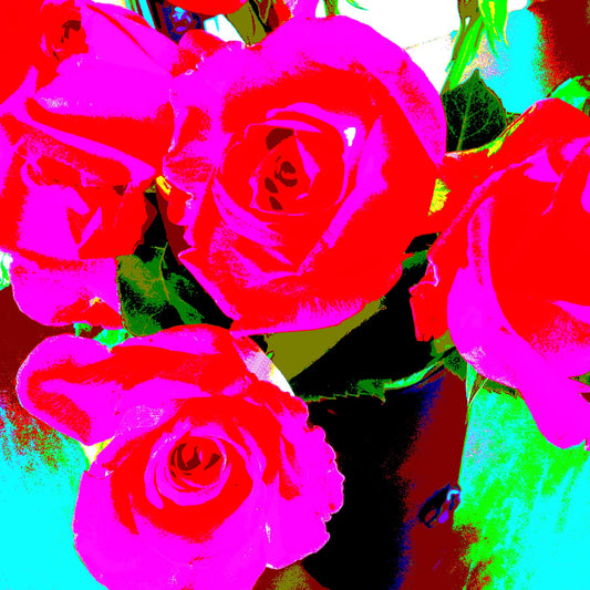 Pop Art Flowers - Roses - Vase - 153339v64 - Close Detail View, A vivid pop art image of red and pink roses in a vase, digitally enhanced with bold, saturated colours including turquoise, lime green, and magenta. Electrifying floral artwork. Limited edition fine art print.