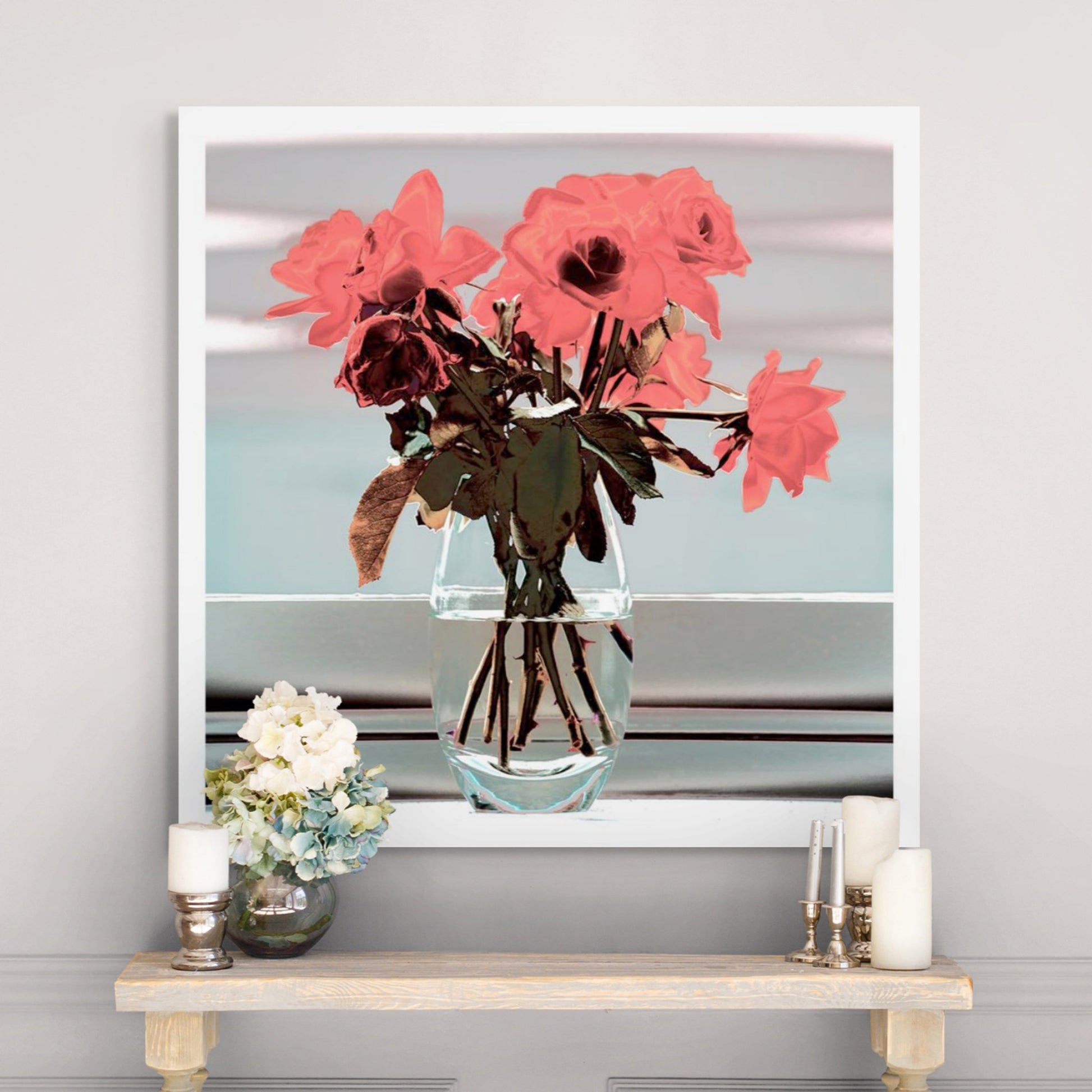 POP Art Collection Flowers - Roses Vase Still Life 20631 - Room View, vibrant roses still life fine art print with bold red and pink flowers in a vase, limited edition by Raymond Mather, ART1.