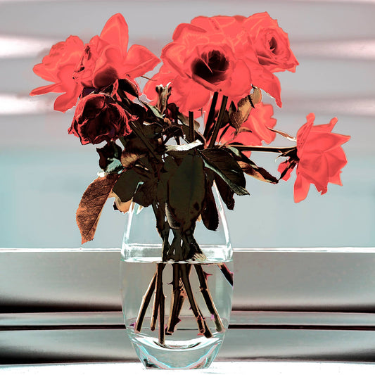 POP Art Collection Flowers - Roses Vase Still Life 20631 - Close Detail View, vibrant roses still life fine art print with bold red and pink flowers in a vase, limited edition by Raymond Mather, ART1. 