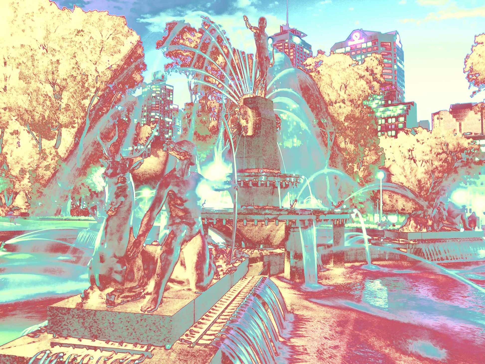 POPscape Sydney - Archibald Fountain - 191077v5 - 90x67.5cm, Stylised image of the Archibald Fountain in Hyde Park, Sydney, with mythological bronze statues, water sprays, and a pastel-toned cityscape in glowing hues of aqua, pink, gold, and violet.