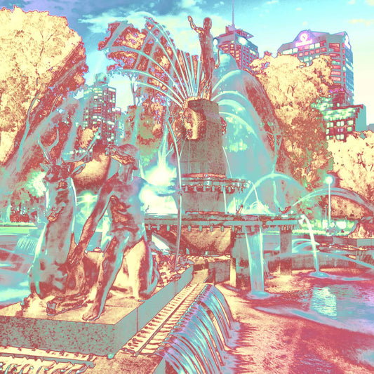POPscape Sydney - Archibald Fountain - 191077v5 - Close Detail View, Stylised image of the Archibald Fountain in Hyde Park, Sydney, with mythological bronze statues, water sprays, and a pastel-toned cityscape in glowing hues of aqua, pink, gold, and violet.