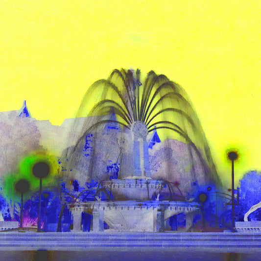POPscape Sydney - Archibald Fountain - 191101v12 - Close Detail View, Stylised dreamlike image of the Archibald Fountain in Hyde Park, Sydney, with flowing water, mythological sculptures, and a vibrant yellow sky contrasted against ethereal blue and violet tones.