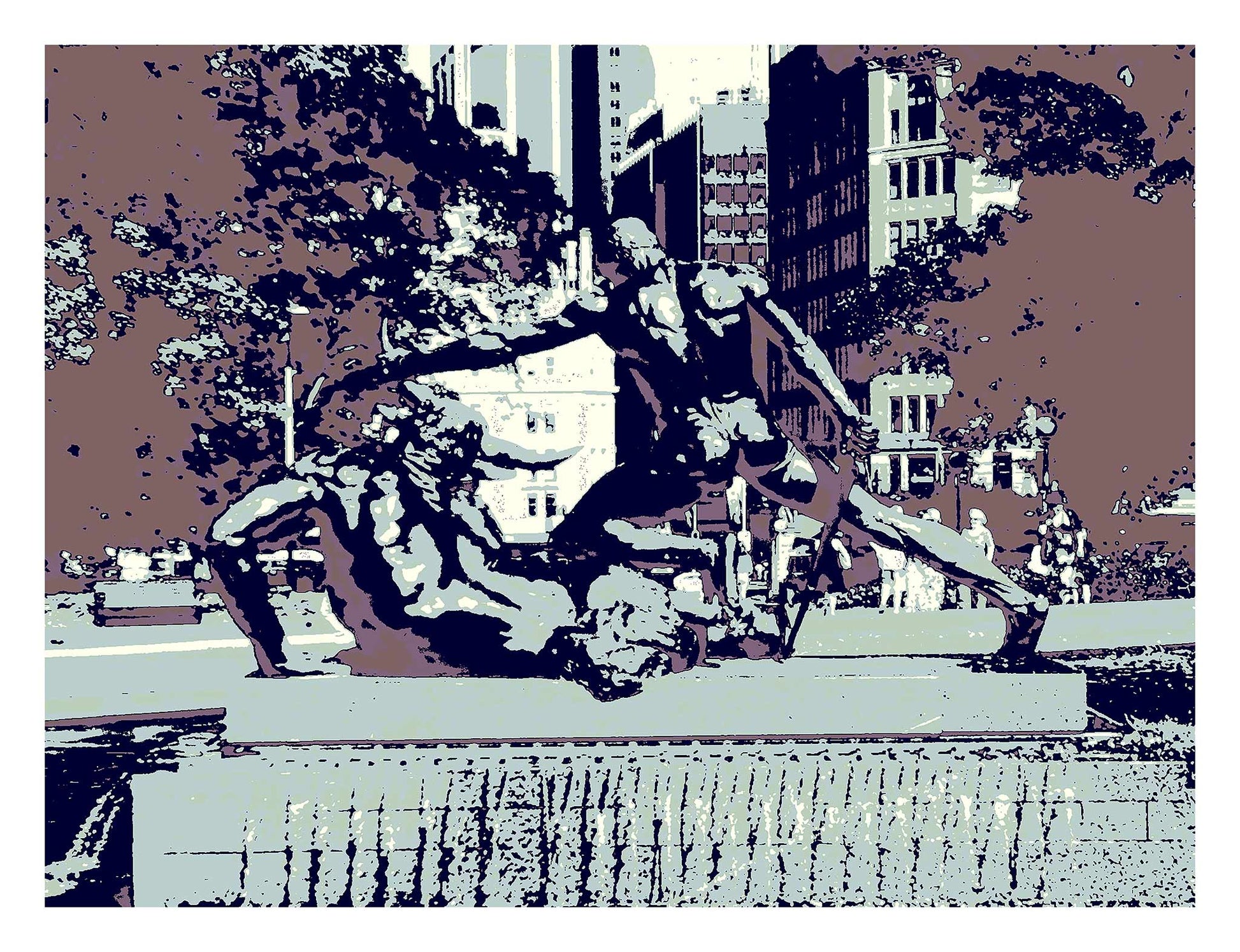 POPscape Sydney - Archibald Fountain - 200905v4 - 104x81.5cm, Stylised image of the Archibald Fountain in Hyde Park, Sydney, featuring bronze mythological figures in a dramatic pose, rendered in muted blue, violet, and brown tones with urban buildings and trees in the background.