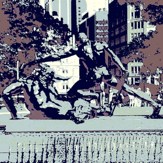 POPscape Sydney - Archibald Fountain - 200905v4 - Close Detail View, Stylised image of the Archibald Fountain in Hyde Park, Sydney, featuring bronze mythological figures in a dramatic pose, rendered in muted blue, violet, and brown tones with urban buildings and trees in the background.