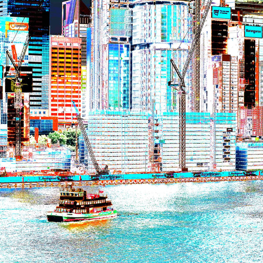 POPscape Sydney - Barangaroo Construction - Ferry - 140050v25 - Close Detail View, Stylised Pop Art image of Sydney’s Barangaroo under construction, with cranes, skyscrapers, and vibrant colour overlays, and a classic green-and-yellow ferry crossing the harbour in the foreground.