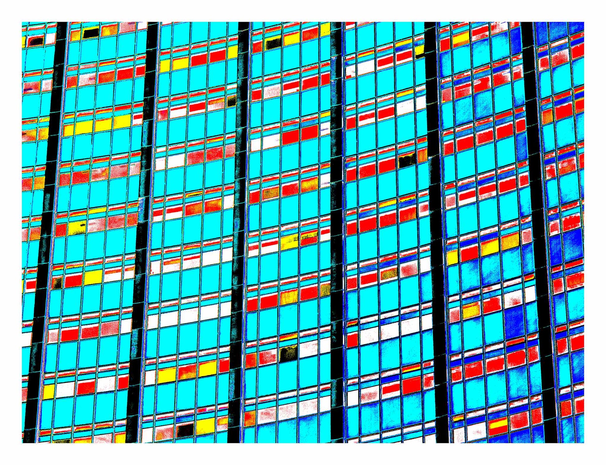 POPscape Sydney - Circular Quay - AMP Building Curve - 3657v4 - 104x81.5cm, Stylised close-up of AMP Building windows in Circular Quay, with repeating grid of cyan, red, yellow, and white patterns. Bold, abstract Pop Art architectural treatment.