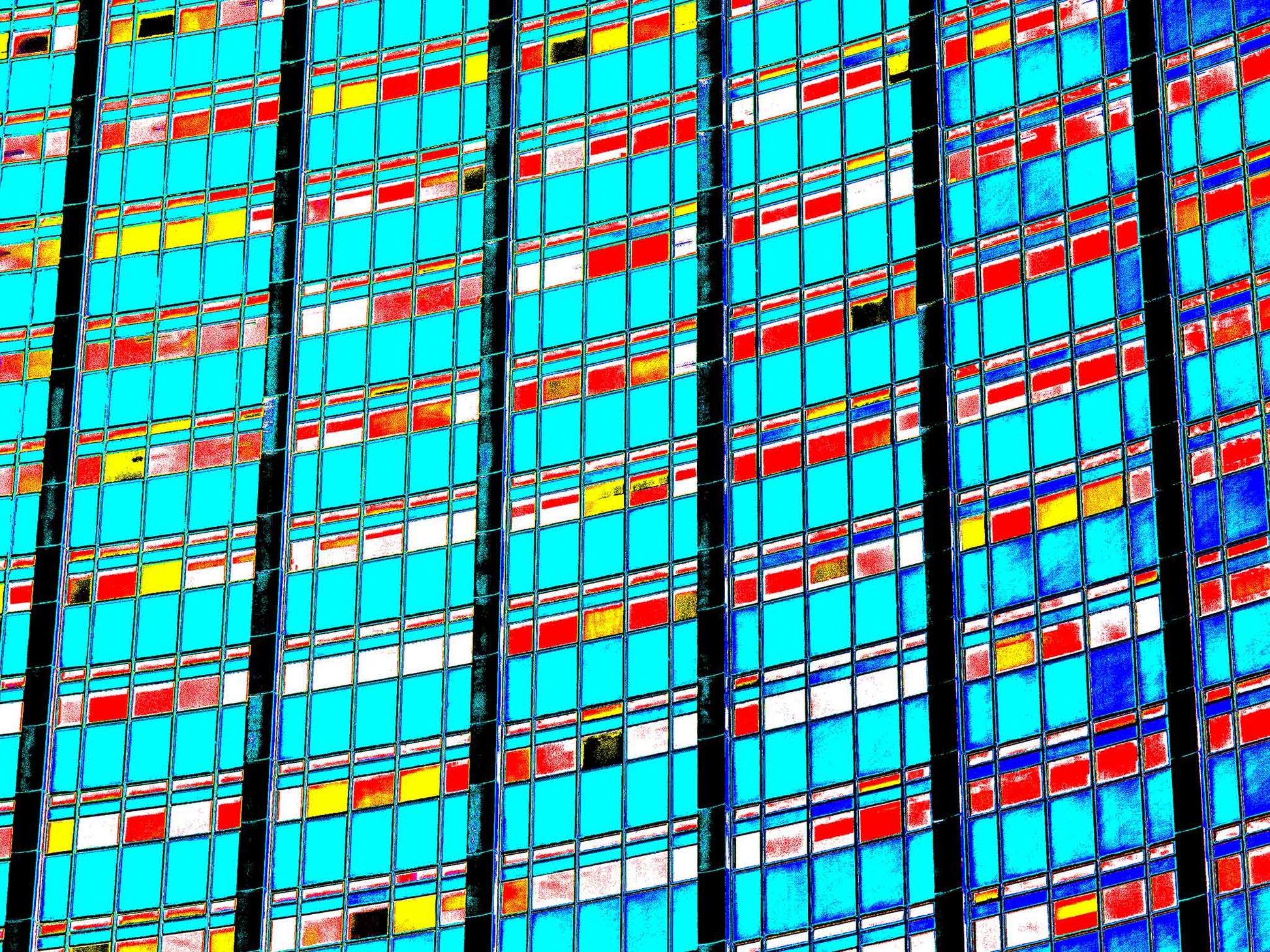 POPscape Sydney - Circular Quay - AMP Building Curve - 3657v4 - 90x67.5cm, Stylised close-up of AMP Building windows in Circular Quay, with repeating grid of cyan, red, yellow, and white patterns. Bold, abstract Pop Art architectural treatment.