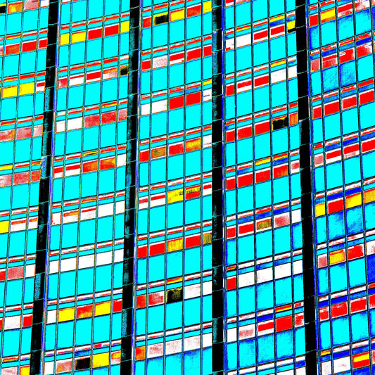 POPscape Sydney - Circular Quay - AMP Building Curve - 3657v4 - Close Detail View, Stylised close-up of AMP Building windows in Circular Quay, with repeating grid of cyan, red, yellow, and white patterns. Bold, abstract Pop Art architectural treatment.