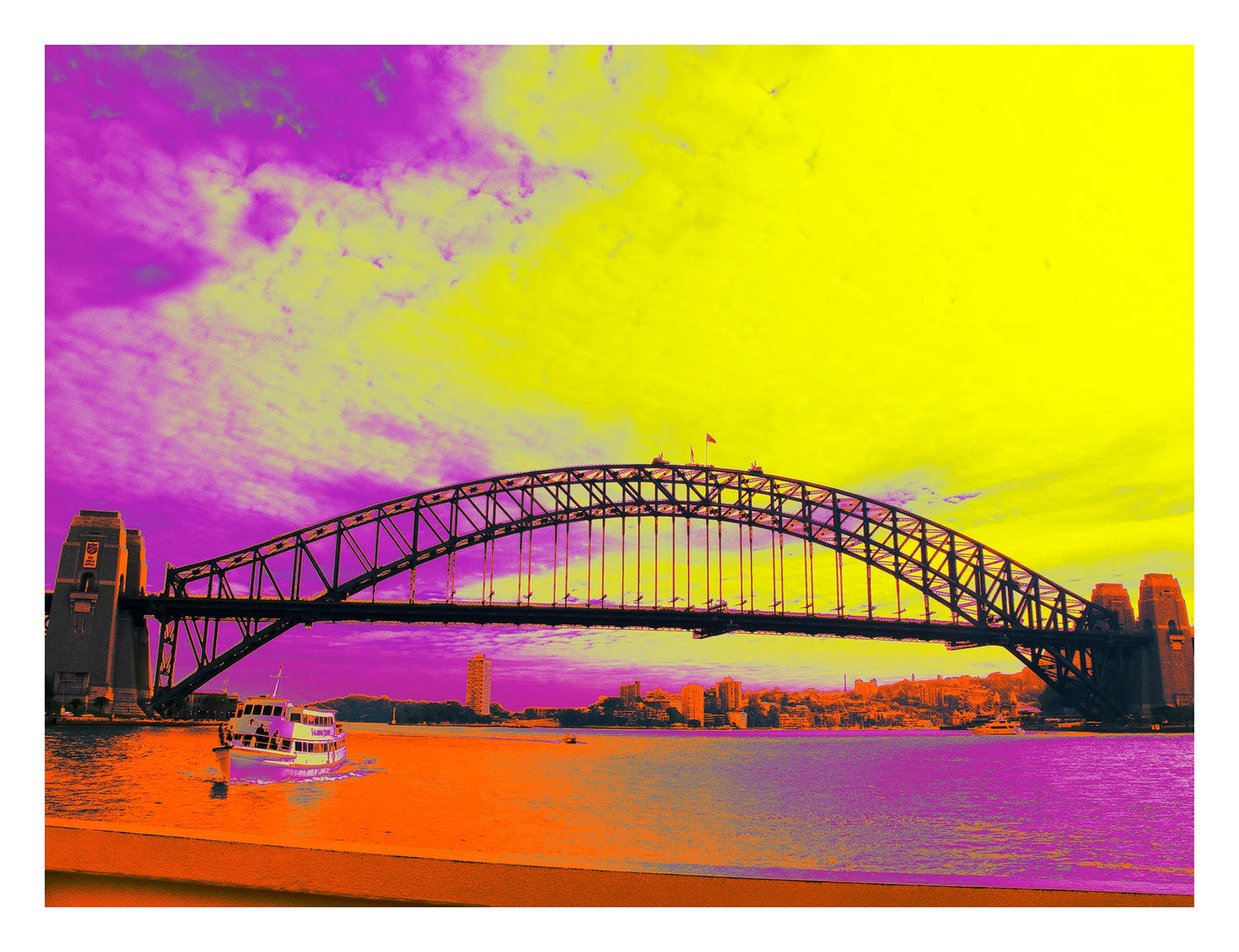 POPscape Sydney - Circular Quay - Bridge Ferry - 3677v2 - 104x81.5cm, Stylised Pop Art image of the Sydney Harbour Bridge with a ferry crossing below. Sky rendered in dramatic violet and yellow tones; water and foreground in orange and pink hues.