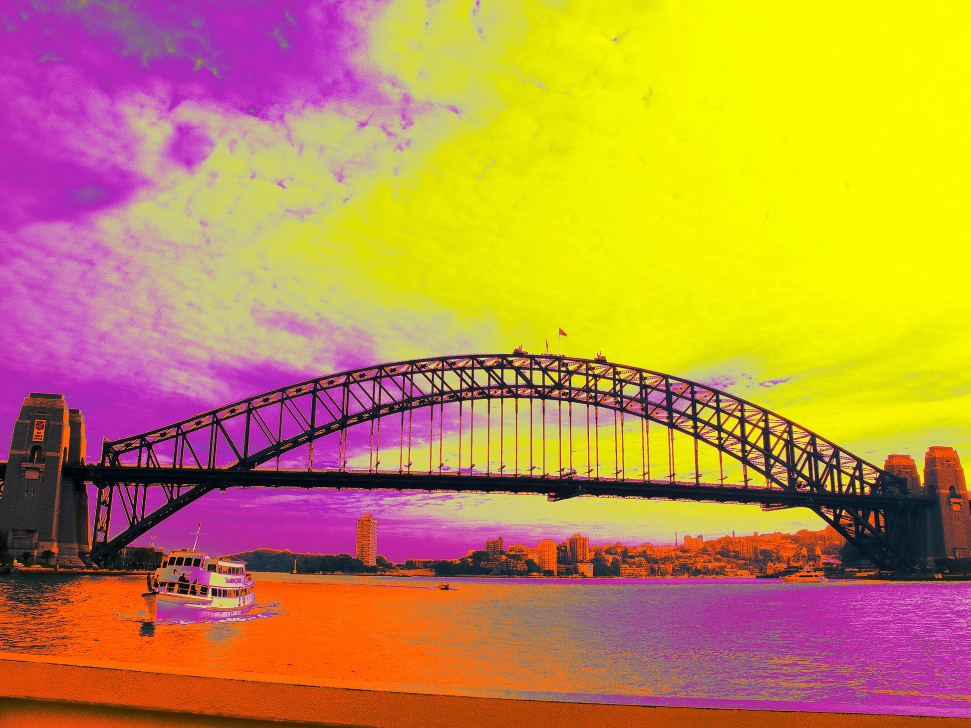 POPscape Sydney - Circular Quay - Bridge Ferry - 3677v2 - 90x67.5cm, Stylised Pop Art image of the Sydney Harbour Bridge with a ferry crossing below. Sky rendered in dramatic violet and yellow tones; water and foreground in orange and pink hues.