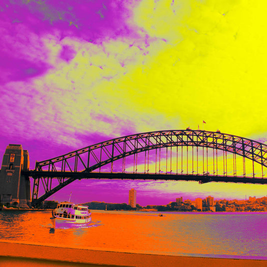 POPscape Sydney - Circular Quay - Bridge Ferry - 3677v2 - Close Detail View, Stylised Pop Art image of the Sydney Harbour Bridge with a ferry crossing below. Sky rendered in dramatic violet and yellow tones; water and foreground in orange and pink hues.