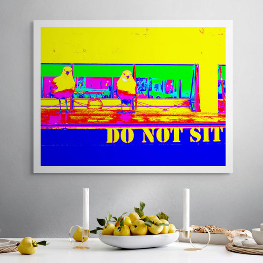 POPscape Sydney - Circular Quay - Seagull Ferry - 3660v4 - Room View, Stylised Pop Art image of two seagulls perched on a ferry bench with a “DO NOT SIT” sign. Neon yellow, pink, and blue tones create a playful urban contrast.