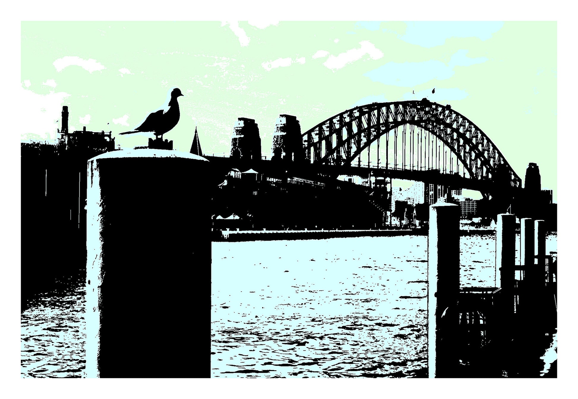 POPscape Sydney - Circular Quay - Seagull - Harbour Bridge - 19044v53a - 104x74cm, Stylised artwork of a seagull perched on a harbour post in the foreground, with Sydney Harbour Bridge silhouetted in the background against a soft pastel green and blue sky.
