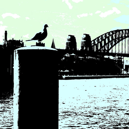 POPscape Sydney - Circular Quay - Seagull - Harbour Bridge - 19044v53a - Close Detail View, Stylised artwork of a seagull perched on a harbour post in the foreground, with Sydney Harbour Bridge silhouetted in the background against a soft pastel green and blue sky.