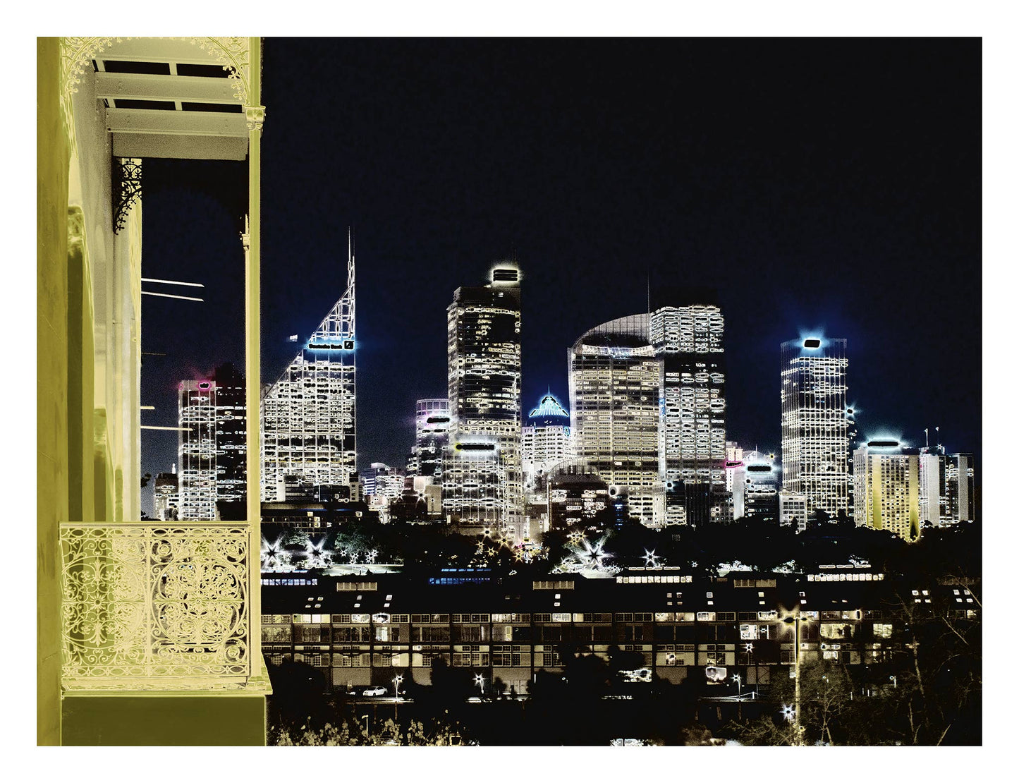 POPscape Sydney - City Skyline Night - View from Potts Point - 191998v2a - 104x81.5cm, Stylised night view of Sydney’s city skyline from Potts Point, with glowing skyscrapers in the background and an ornate heritage balcony in the foreground, rendered in golden and dark contrasting tones.