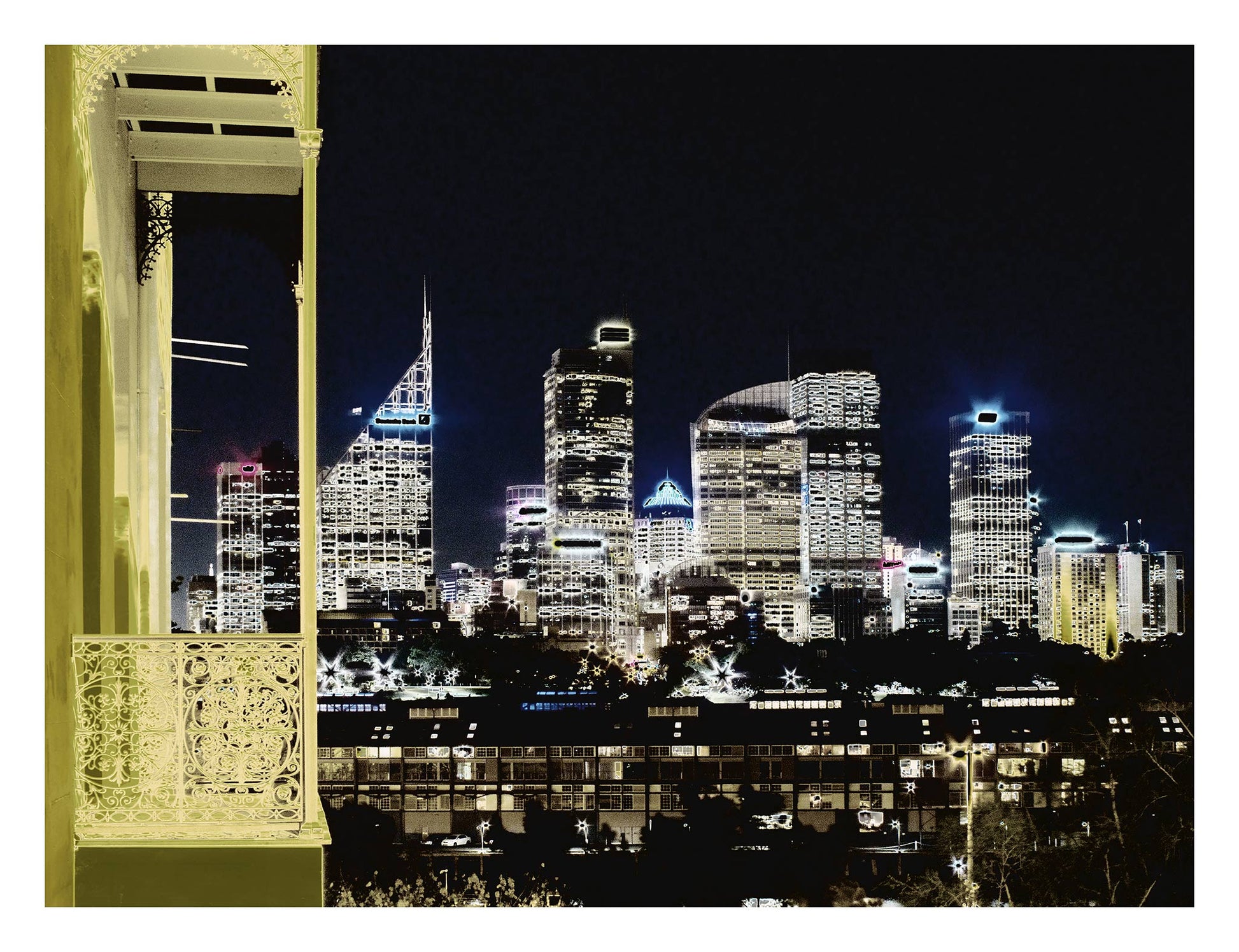 POPscape Sydney - City Skyline Night - View from Potts Point - 191998v2a - 104x81.5cm, Stylised night view of Sydney’s city skyline from Potts Point, with glowing skyscrapers in the background and an ornate heritage balcony in the foreground, rendered in golden and dark contrasting tones.