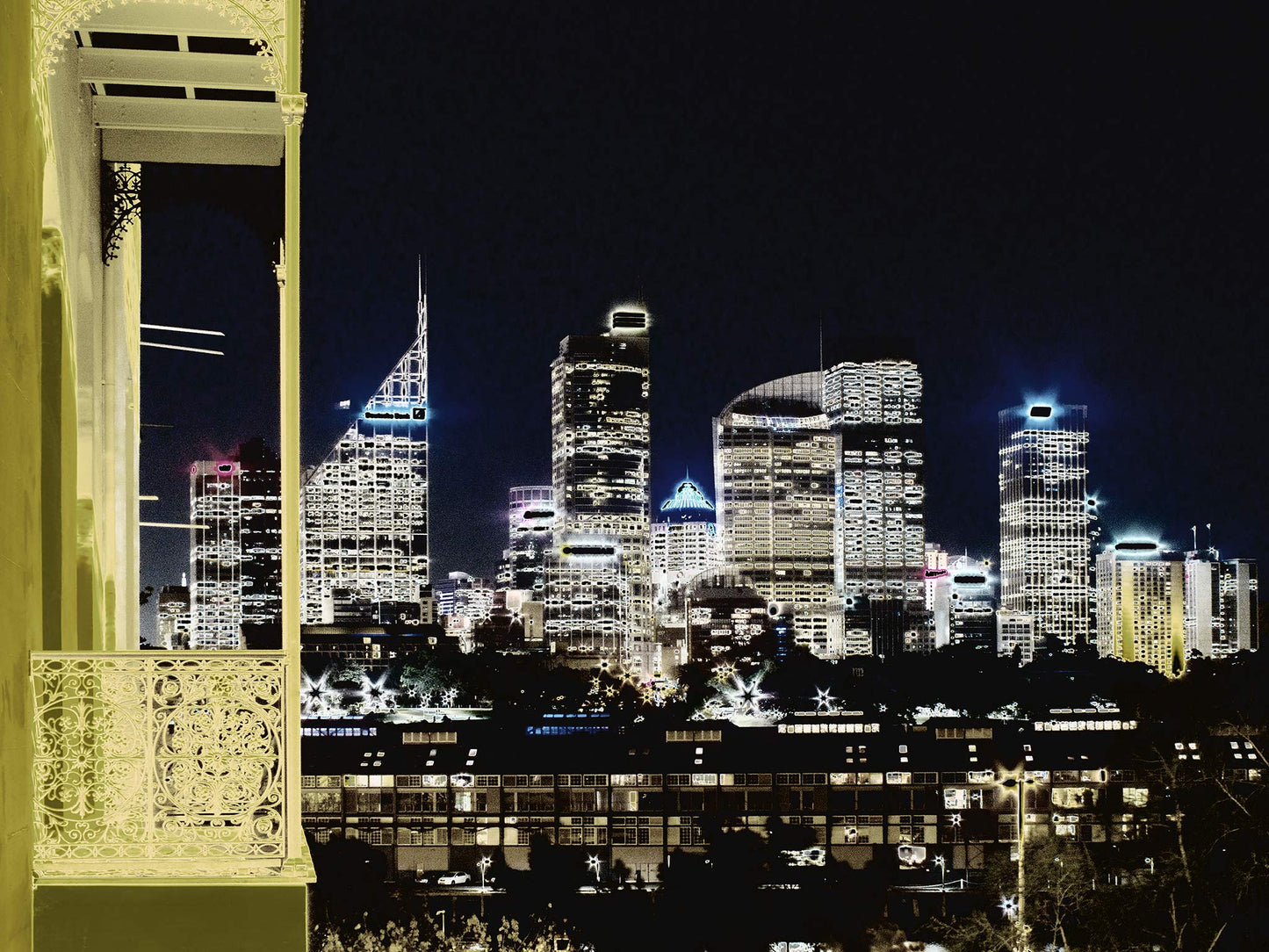 POPscape Sydney - City Skyline Night - View from Potts Point - 191998v2a - 90x67.5cm, Stylised night view of Sydney’s city skyline from Potts Point, with glowing skyscrapers in the background and an ornate heritage balcony in the foreground, rendered in golden and dark contrasting tones.