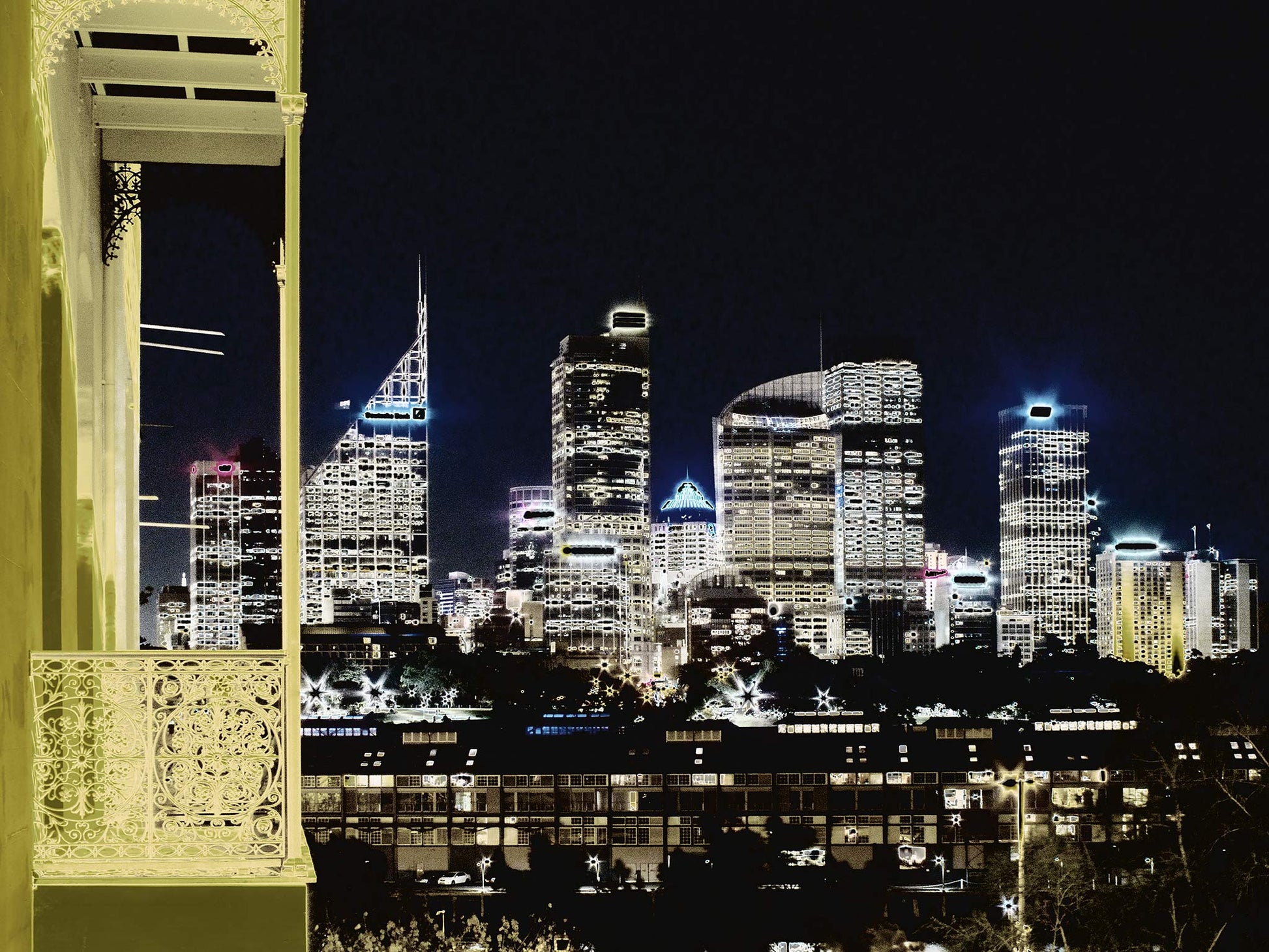 POPscape Sydney - City Skyline Night - View from Potts Point - 191998v2a - 90x67.5cm, Stylised night view of Sydney’s city skyline from Potts Point, with glowing skyscrapers in the background and an ornate heritage balcony in the foreground, rendered in golden and dark contrasting tones.