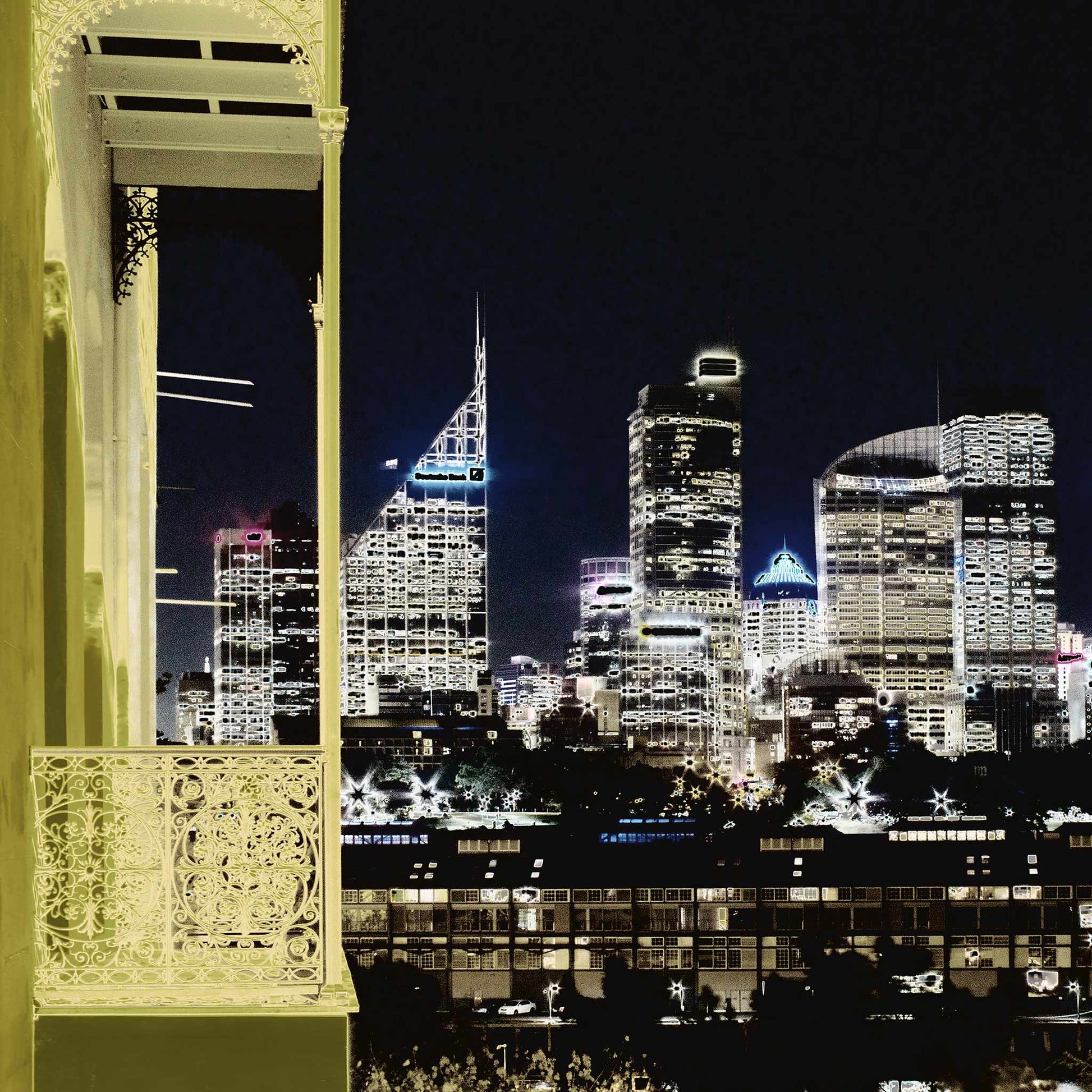POPscape Sydney - City Skyline Night - View from Potts Point - 191998v2a - Close Detail View, Stylised night view of Sydney’s city skyline from Potts Point, with glowing skyscrapers in the background and an ornate heritage balcony in the foreground, rendered in golden and dark contrasting tones.