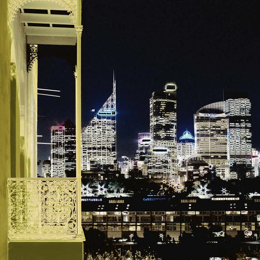 POPscape Sydney - City Skyline Night - View from Potts Point - 191998v2a - Close Detail View, Stylised night view of Sydney’s city skyline from Potts Point, with glowing skyscrapers in the background and an ornate heritage balcony in the foreground, rendered in golden and dark contrasting tones.
