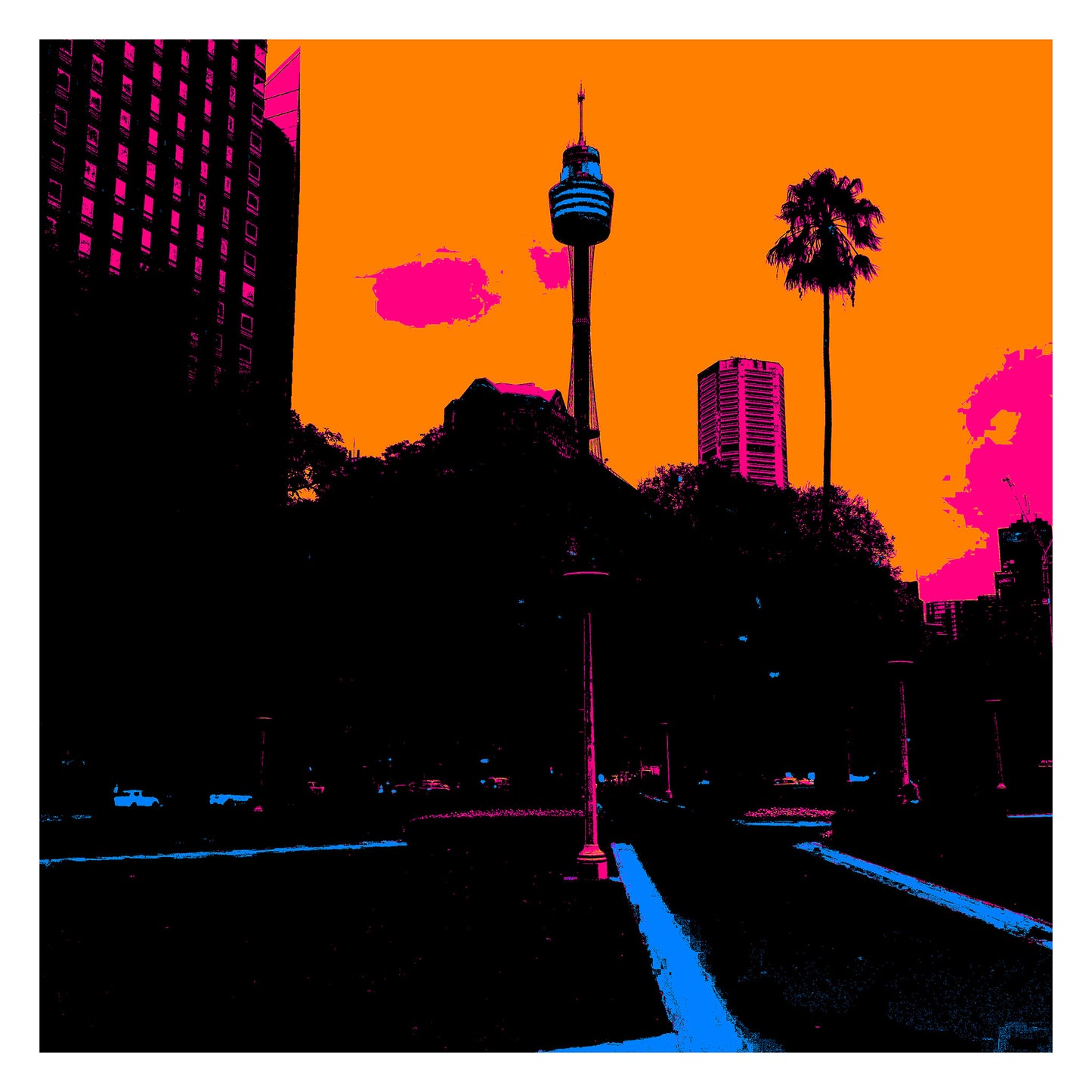 POPscape Sydney - City Skyline - Palm - 209091v6 - 104x104cm, Stylised Pop Art image of Sydney’s city skyline featuring Sydney Tower and a tall palm tree, set against a vivid orange sky with pink clouds and electric blue pathways.