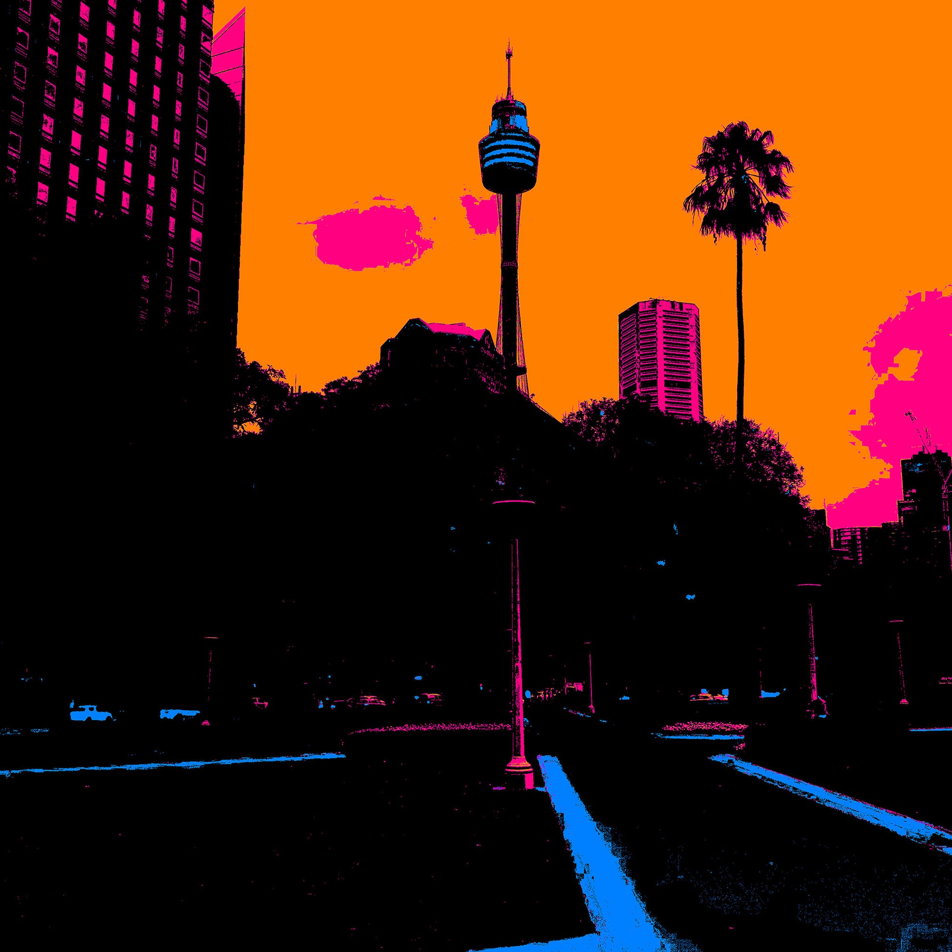 POPscape Sydney - City Skyline - Palm - 209091v6 - 90x90cm, Stylised Pop Art image of Sydney’s city skyline featuring Sydney Tower and a tall palm tree, set against a vivid orange sky with pink clouds and electric blue pathways.