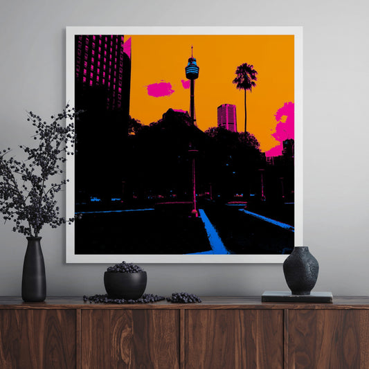 POPscape Sydney - City Skyline - Palm - 209091v6 - Room View, Stylised Pop Art image of Sydney’s city skyline featuring Sydney Tower and a tall palm tree, set against a vivid orange sky with pink clouds and electric blue pathways.