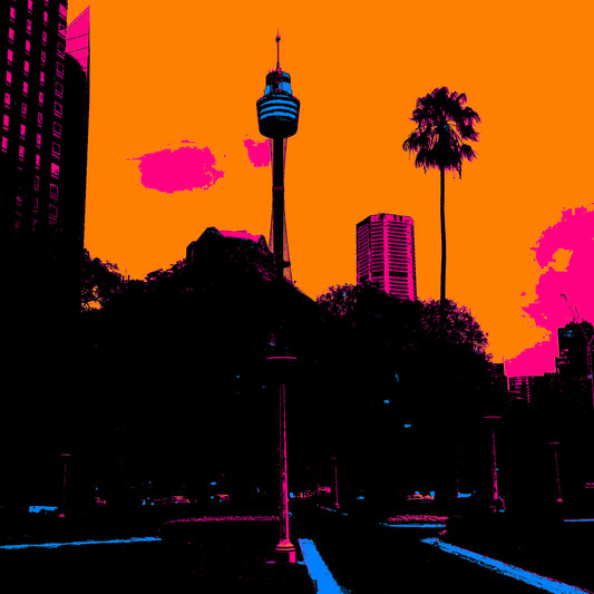 POPscape Sydney - City Skyline - Palm - 209091v6 - Close Detail View, Stylised Pop Art image of Sydney’s city skyline featuring Sydney Tower and a tall palm tree, set against a vivid orange sky with pink clouds and electric blue pathways.