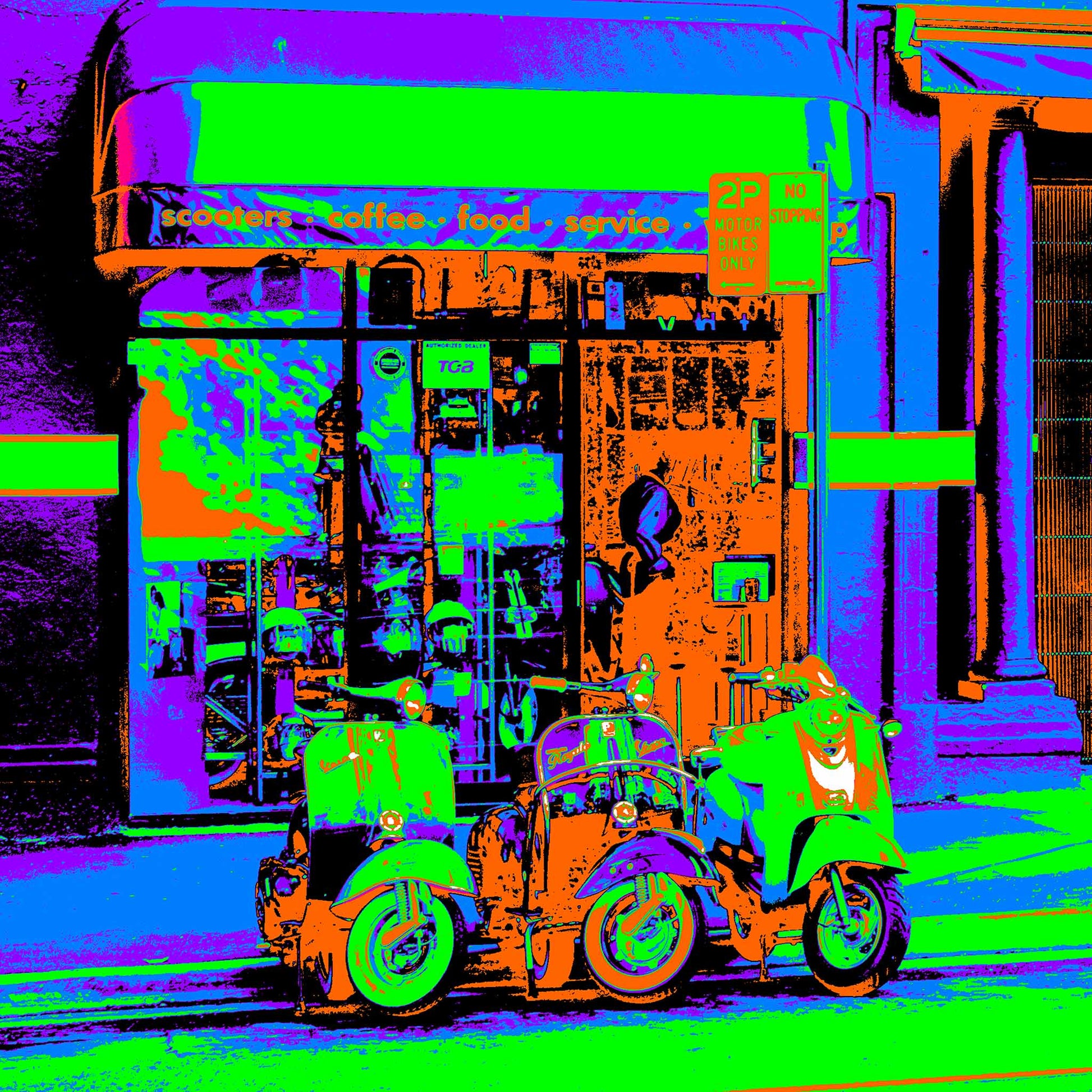 POPscape Sydney - Darlinghurst - Cafe Scooters - 1906068v8a - 60x60cm, Stylised image of three scooters parked outside a small café and scooter service shop in Darlinghurst, Sydney. Intense Pop Art palette of green, blue, orange, and purple tones.