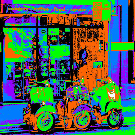 POPscape Sydney - Darlinghurst - Cafe Scooters - 1906068v8a - Close Detail View, Stylised image of three scooters parked outside a small café and scooter service shop in Darlinghurst, Sydney. Intense Pop Art palette of green, blue, orange, and purple tones.