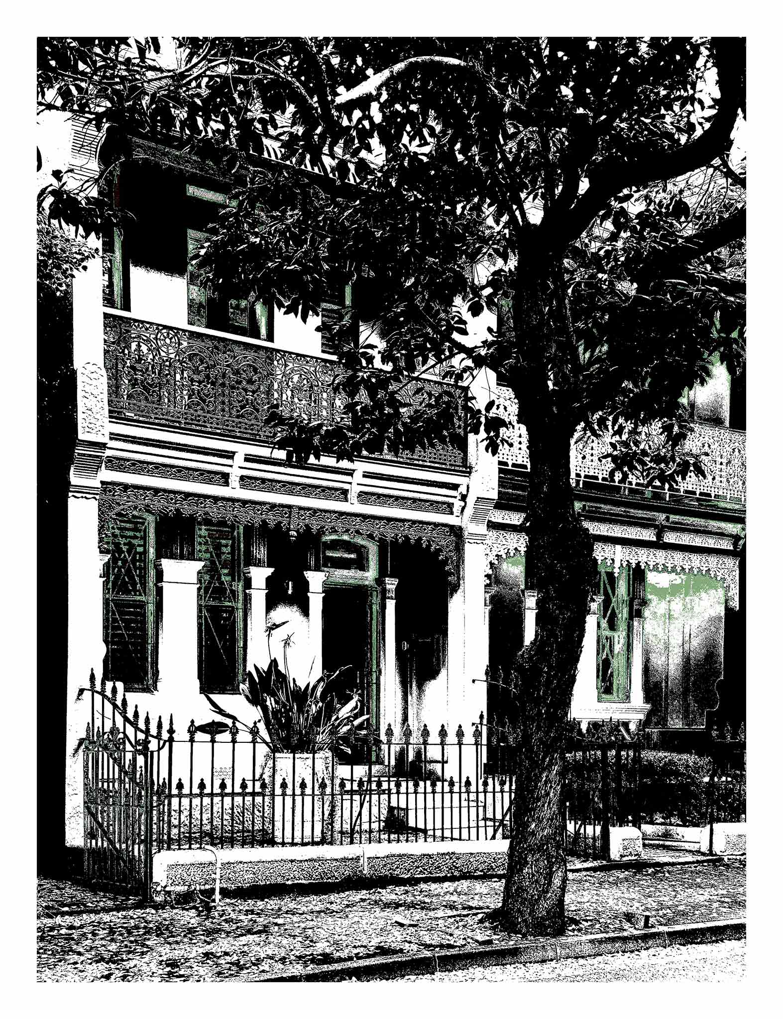 POPscape Sydney - Darlinghurst - Terrace House - 8155v18 - 81.5x104cm, Black and white stylised image of a heritage terrace house in Darlinghurst with ornate ironwork, trees, and deep architectural shadows. Monochrome Pop Art aesthetic.