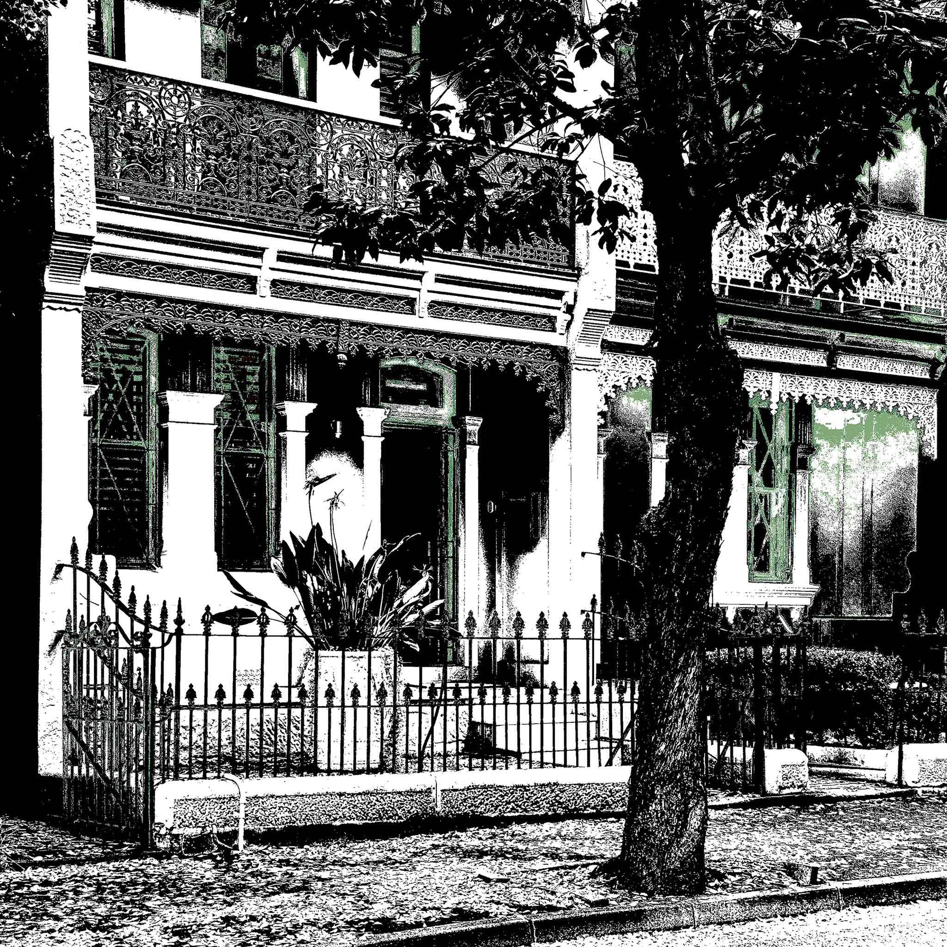 POPscape Sydney - Darlinghurst - Terrace House - 8155v18 - Close Detail View, Black and white stylised image of a heritage terrace house in Darlinghurst with ornate ironwork, trees, and deep architectural shadows. Monochrome Pop Art aesthetic.