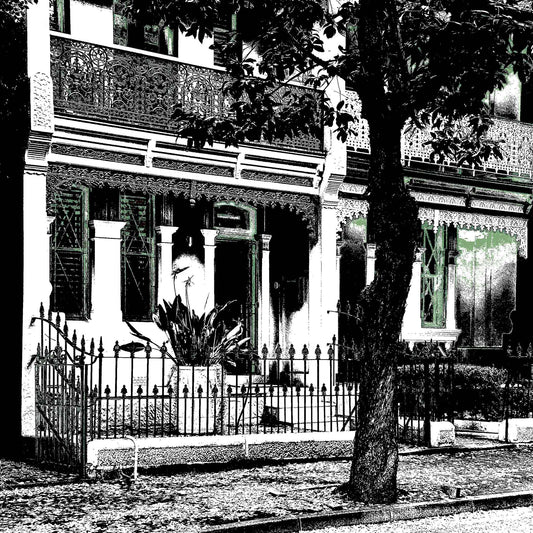 POPscape Sydney - Darlinghurst - Terrace House - 8155v18 - Close Detail View, Black and white stylised image of a heritage terrace house in Darlinghurst with ornate ironwork, trees, and deep architectural shadows. Monochrome Pop Art aesthetic.