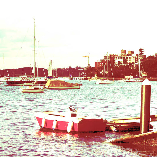POPscape Sydney - Elizabeth Bay - Boats - 369O4316-4v41a - Close Detail View, Stylised image of boats in Elizabeth Bay marina with a vivid pink dinghy in the foreground. Warm-toned Pop Art treatment with playful pastel colour contrasts.