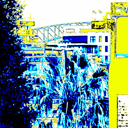 POPscape Sydney - Elizabeth Bay - Harbour Bridge Palm View - 5438v9 - Close Detail View, Stylised image of Sydney Harbour Bridge seen through palm trees and apartment buildings in Elizabeth Bay. Bold yellow, blue, and black tones with graphic Pop Art treatment.
