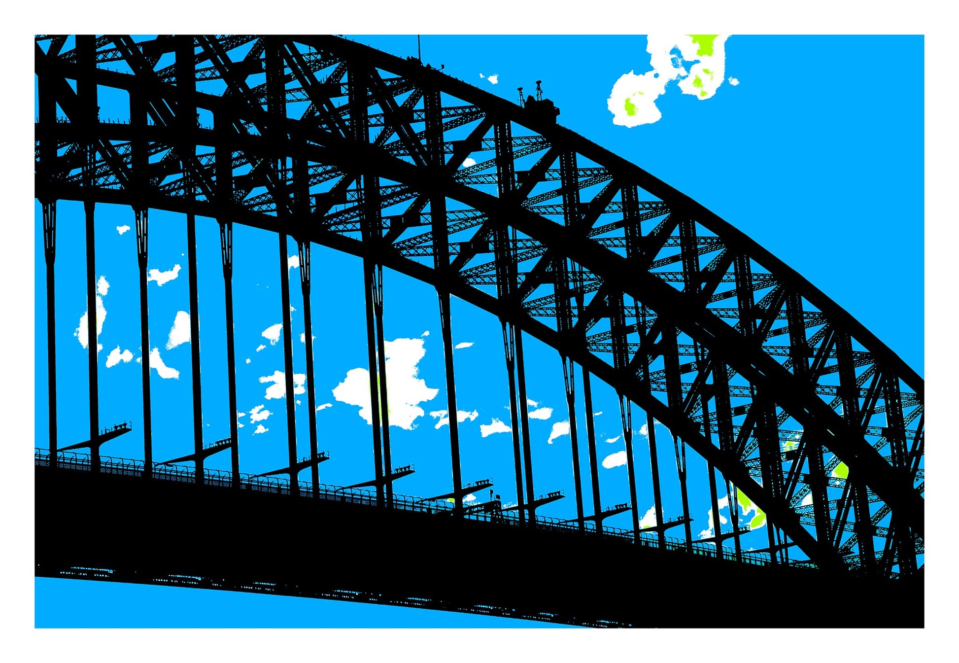 POPscape Sydney - Harbour Bridge - 19055v13 - 104x74cm, Stylised close-up view of Sydney Harbour Bridge in silhouette. Dark steel structure contrasts against a bright blue Pop Art sky, with tiny bridge climbers visible along the top.