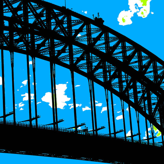 POPscape Sydney - Harbour Bridge - 19055v13 - Close Detail View, Stylised close-up view of Sydney Harbour Bridge in silhouette. Dark steel structure contrasts against a bright blue Pop Art sky, with tiny bridge climbers visible along the top.