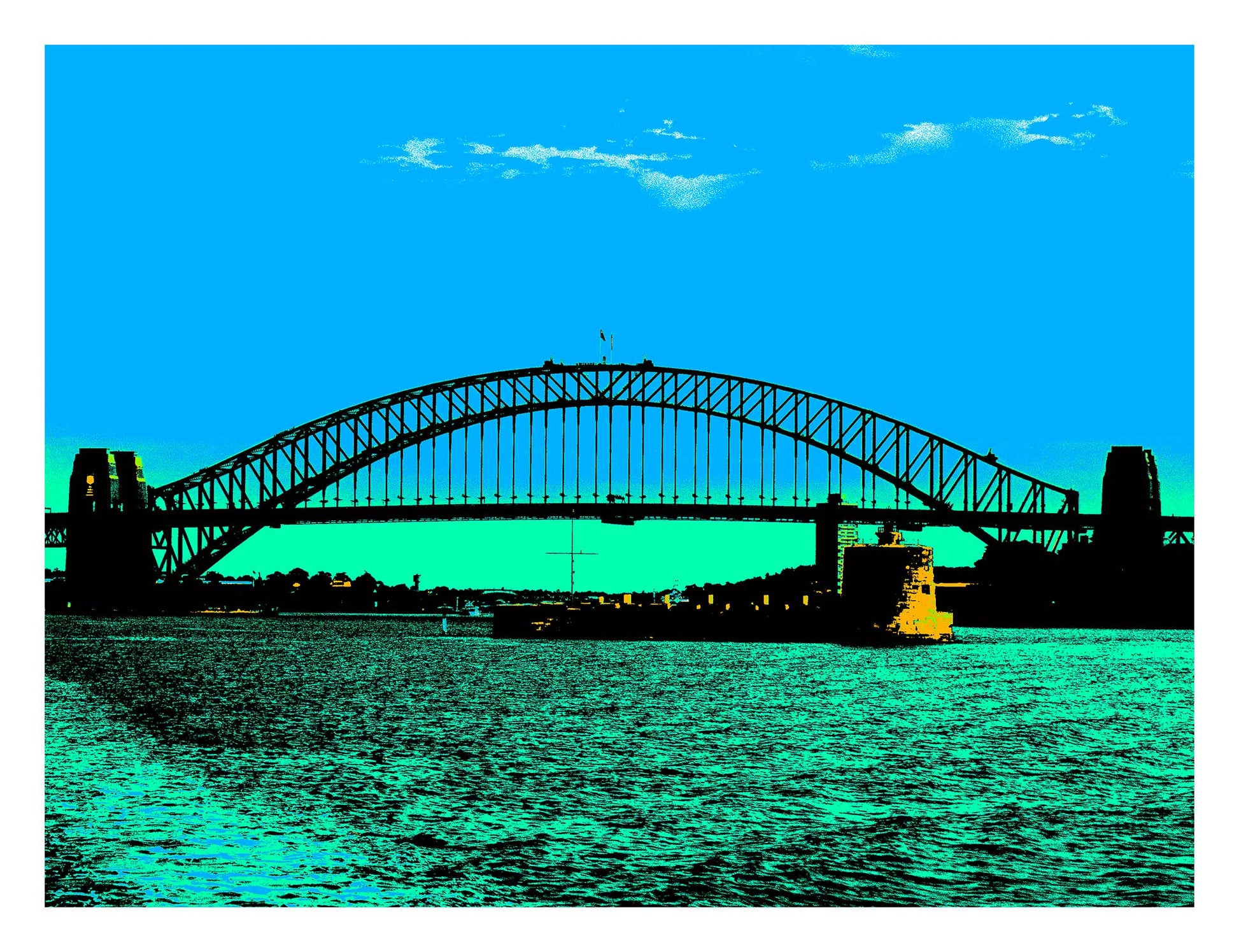 POPscape Sydney - Harbour Bridge Pinchgut Fort Denison - 3694v16a - 104x81.5cm, Stylised Pop Art image of Sydney Harbour Bridge with Fort Denison in the foreground. High-contrast tones of blue, teal, and black define the water and sky.